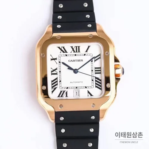 까르띠에 산토스 러버 스트랩 블랙다이얼 오토매틱 39.8mm 블랙 / 화이트 로즈골드 베젤