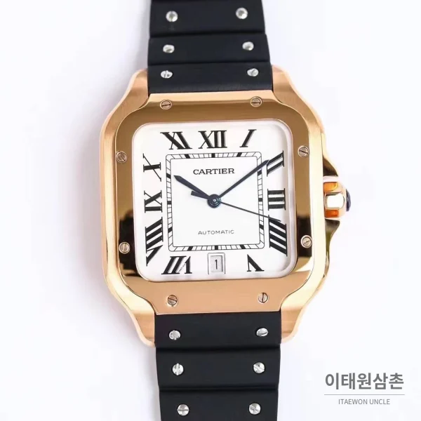 까르띠에 산토스 러버 스트랩 블랙다이얼 오토매틱 39.8mm 블랙 / 화이트 로즈골드 베젤