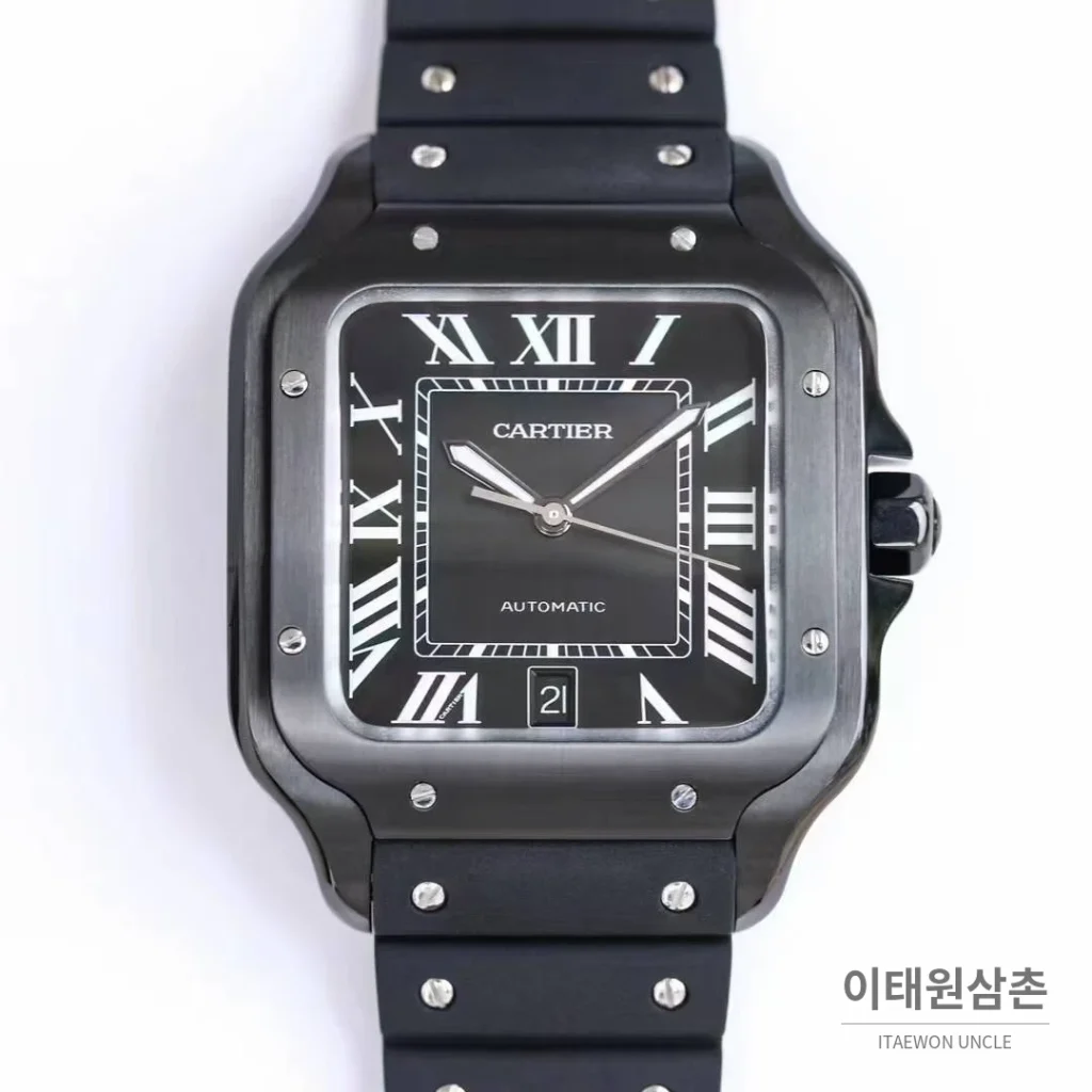 까르띠에 산토스 러버 스트랩 블랙다이얼 오토매틱 39.8mm 블랙 / 화이트 블랙 베젤