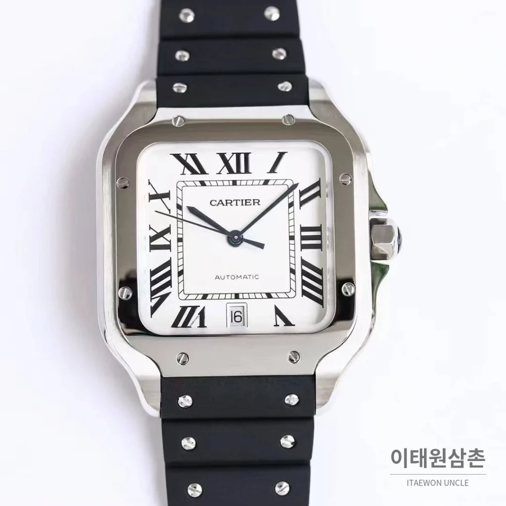 까르띠에 산토스 러버 스트랩 블랙다이얼 오토매틱 39.8mm 블랙 / 화이트 실버 베젤