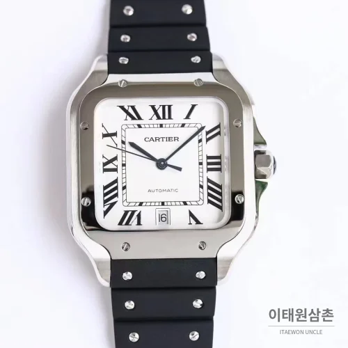 까르띠에 산토스 러버 스트랩 블랙다이얼 오토매틱 39.8mm 블랙 / 화이트 실버 베젤