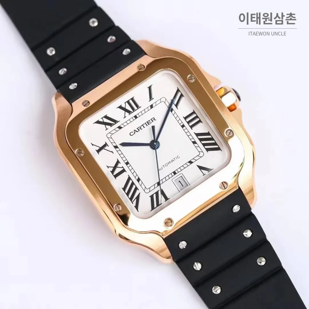 까르띠에 산토스 러버 스트랩 블랙다이얼 오토매틱 39.8mm 블랙 / 화이트 로즈골드 베젤