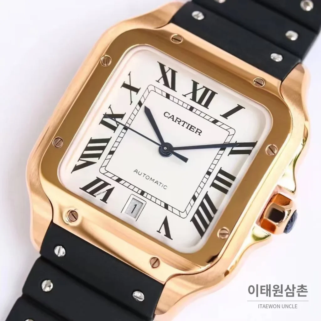 까르띠에 산토스 러버 스트랩 블랙다이얼 오토매틱 39.8mm 블랙 / 화이트 로즈골드 베젤