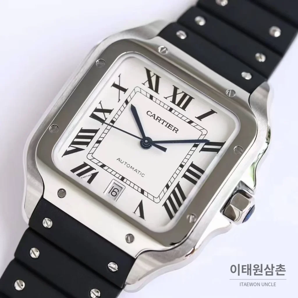 까르띠에 산토스 러버 스트랩 블랙다이얼 오토매틱 39.8mm 블랙 / 화이트 실버 베젤