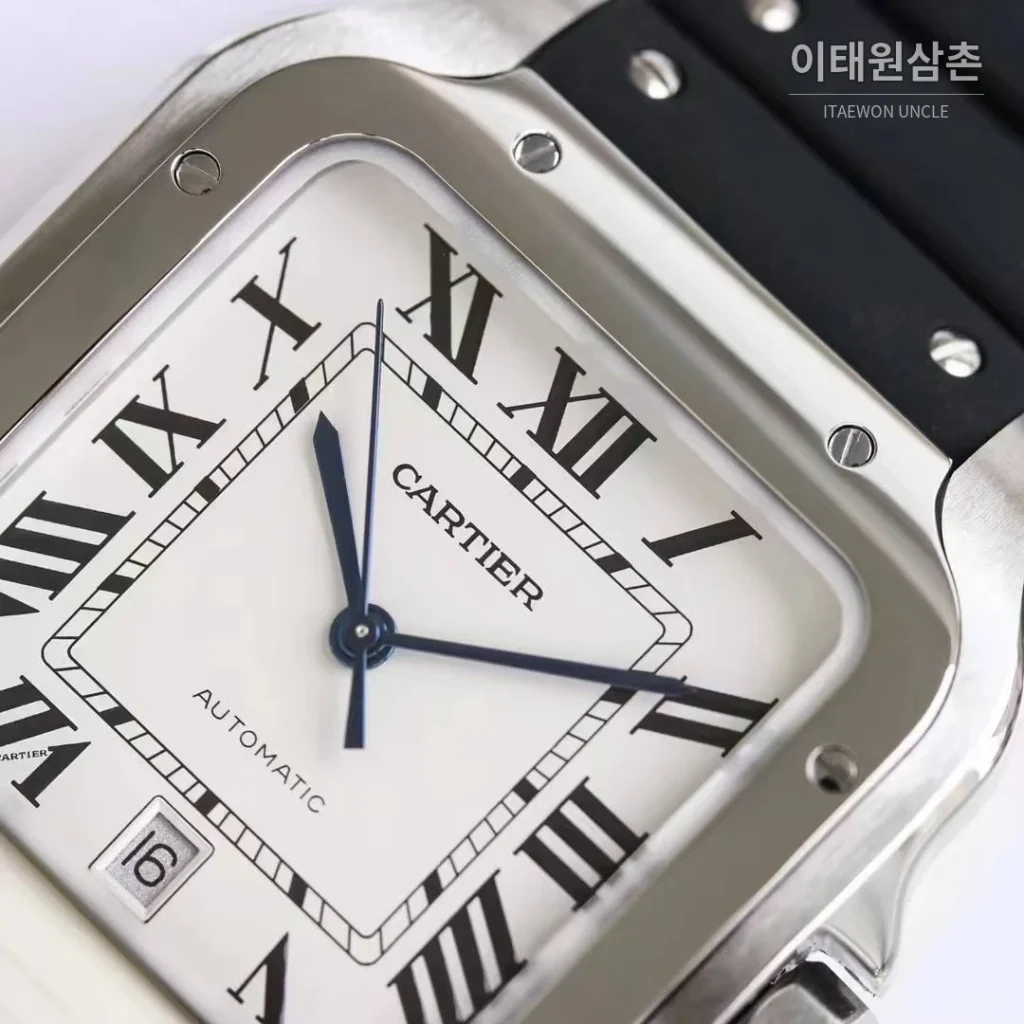 까르띠에 산토스 러버 스트랩 블랙다이얼 오토매틱 39.8mm 블랙 / 화이트 실버 베젤