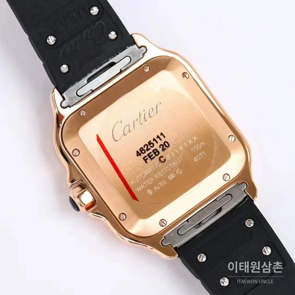 까르띠에 산토스 러버 스트랩 블랙다이얼 오토매틱 39.8mm 블랙 / 화이트 로즈골드 베젤