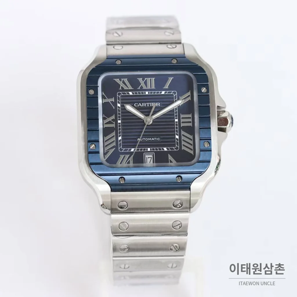 까르띠에 산토스 스틸 블루베젤 러버스트랩 오토매틱 39.8mm 네이비 다이얼