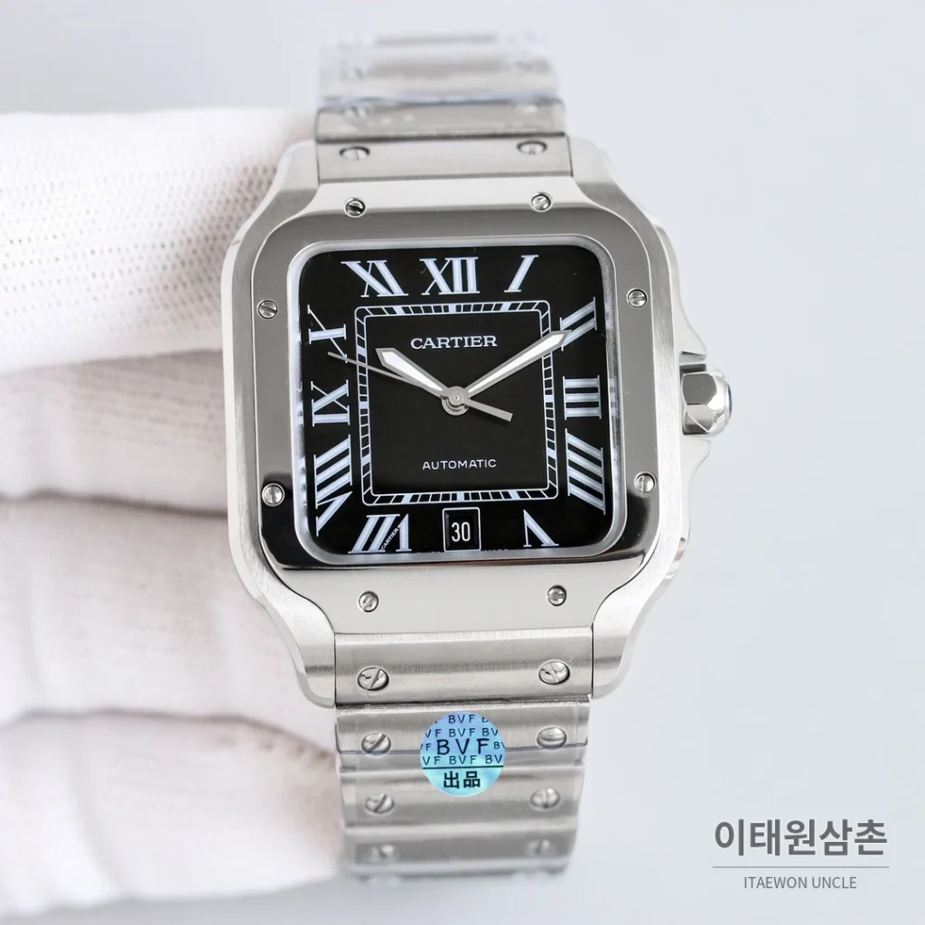 까르띠에 산토스 스틸 블루핸즈 오토매틱 39.8mm 블랙 다이얼 스틸 브레이슬릿