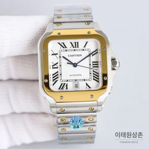 까르띠에 산토스 스틸 블루핸즈 오토매틱 39.8mm 화이트 다이얼 투톤 브레이슬릿