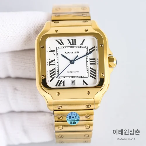 까르띠에 산토스 스틸 블루핸즈 오토매틱 39.8mm 화이트 다이얼 골드 브레이슬릿