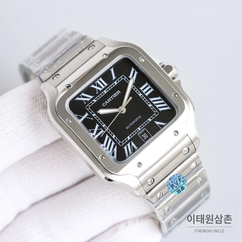 까르띠에 산토스 스틸 블루핸즈 오토매틱 39.8mm 블랙 다이얼 스틸 브레이슬릿