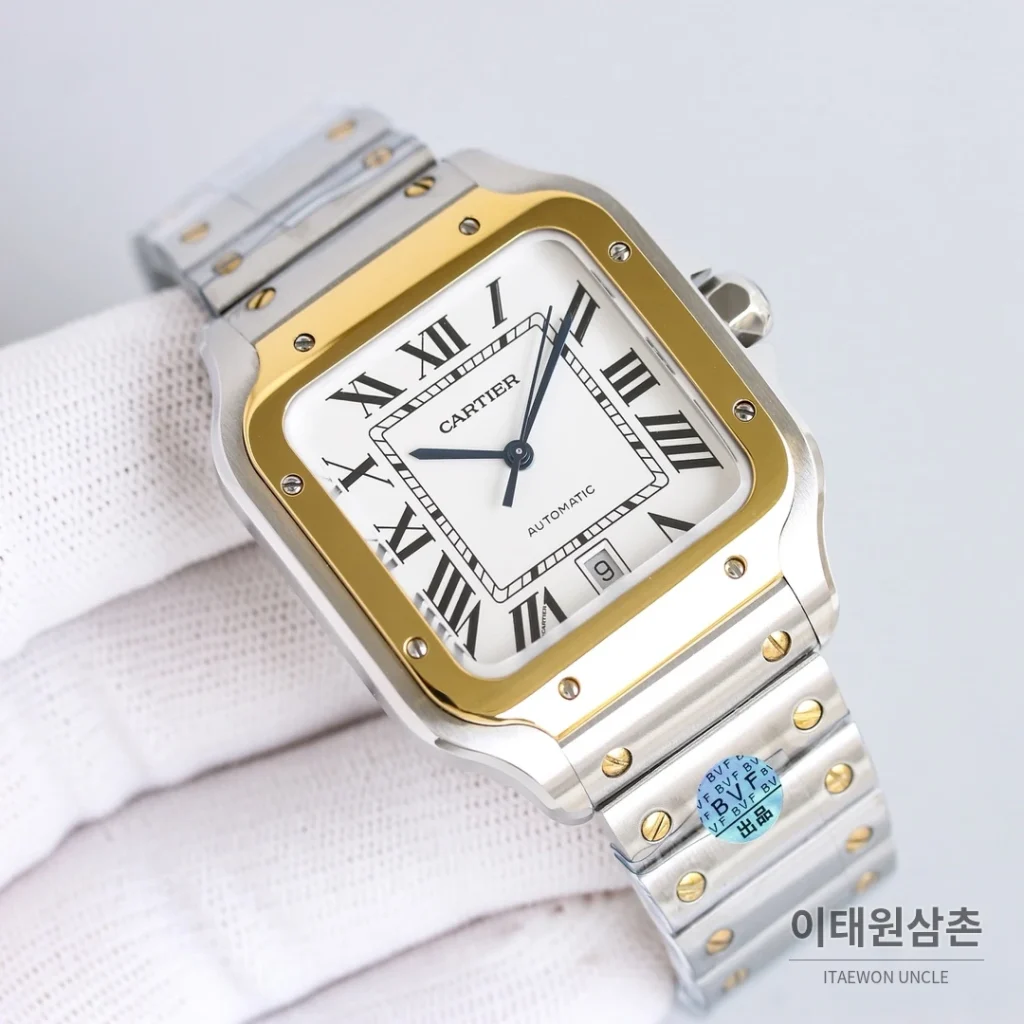 까르띠에 산토스 스틸 블루핸즈 오토매틱 39.8mm 화이트 다이얼 투톤 브레이슬릿