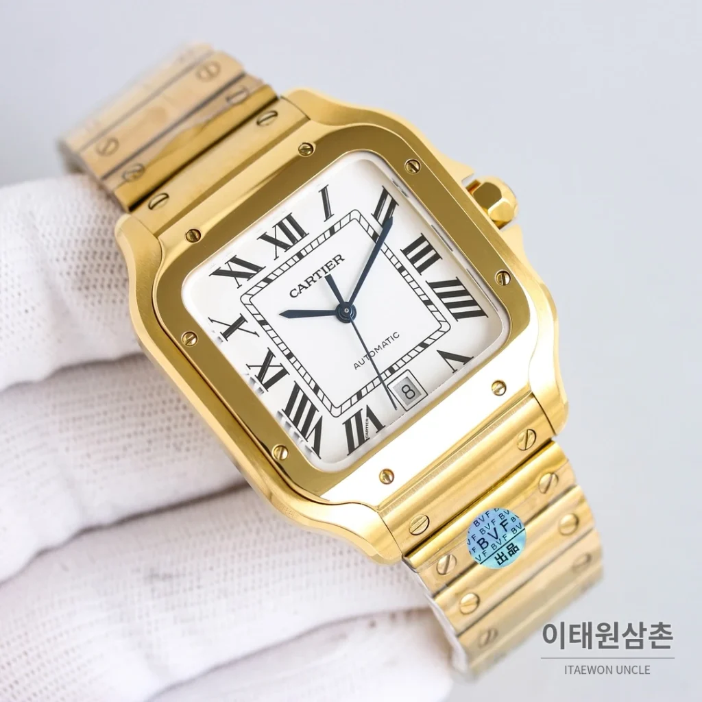 까르띠에 산토스 스틸 블루핸즈 오토매틱 39.8mm 화이트 다이얼 골드 브레이슬릿