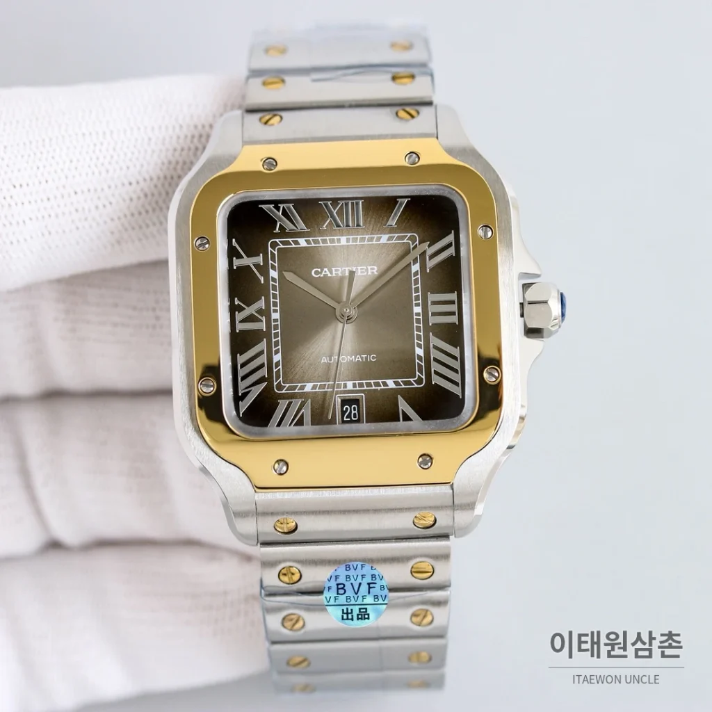 까르띠에 산토스 스틸 블루핸즈 오토매틱 39.8mm 화이트 다이얼 투톤 브레이슬릿