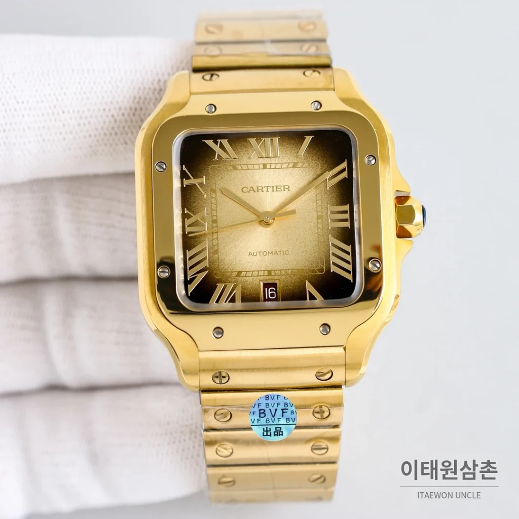 까르띠에 산토스 스틸 블루핸즈 오토매틱 39.8mm 화이트 다이얼 골드 브레이슬릿