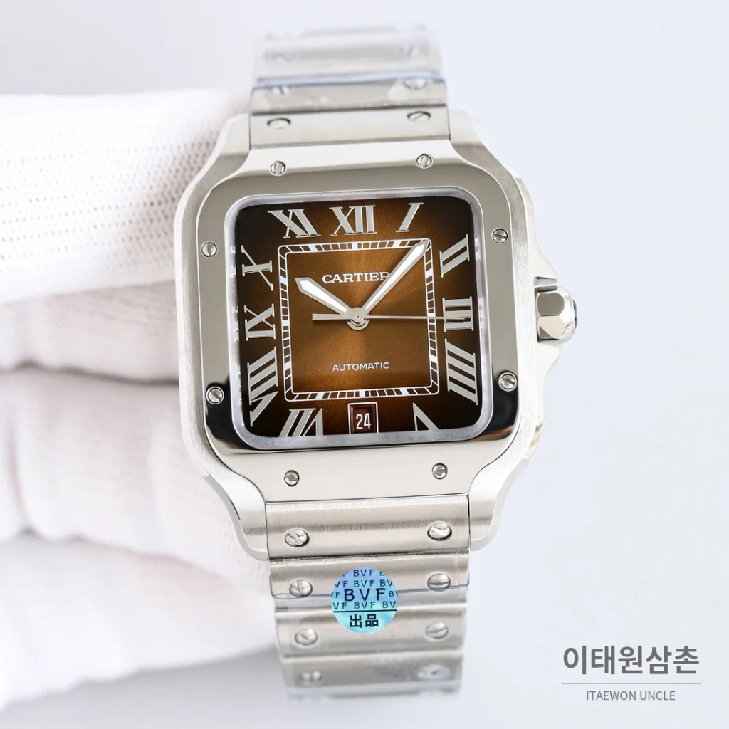 까르띠에 산토스 스틸 블루핸즈 오토매틱 39.8mm 블랙 다이얼 스틸 브레이슬릿