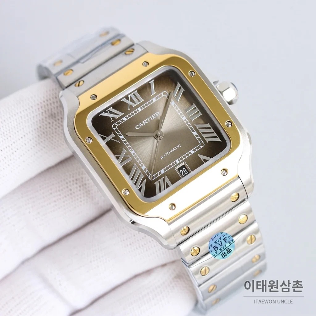 까르띠에 산토스 스틸 블루핸즈 오토매틱 39.8mm 화이트 다이얼 투톤 브레이슬릿