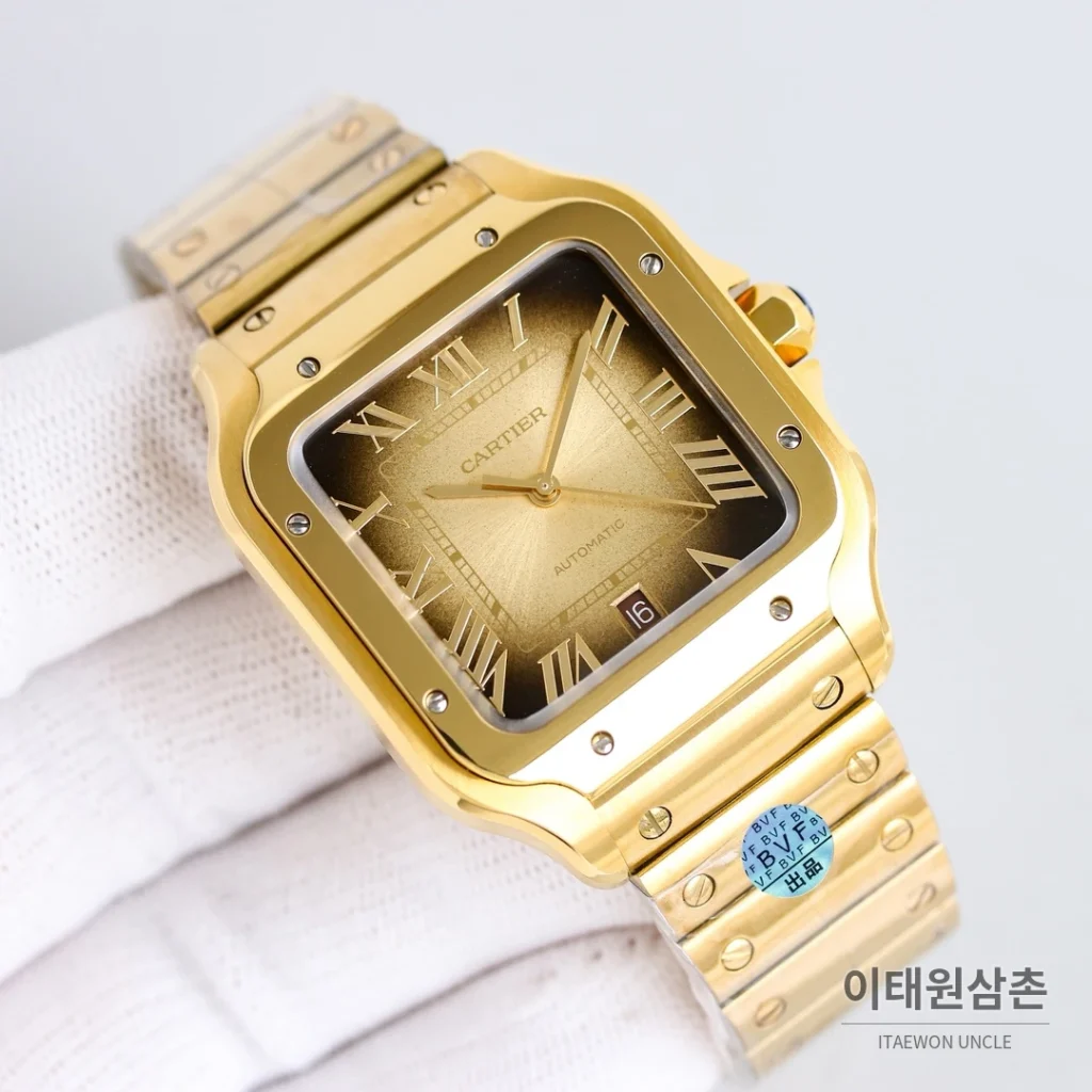 까르띠에 산토스 스틸 블루핸즈 오토매틱 39.8mm 화이트 다이얼 골드 브레이슬릿