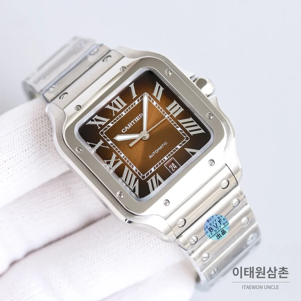 까르띠에 산토스 스틸 블루핸즈 오토매틱 39.8mm 블랙 다이얼 스틸 브레이슬릿
