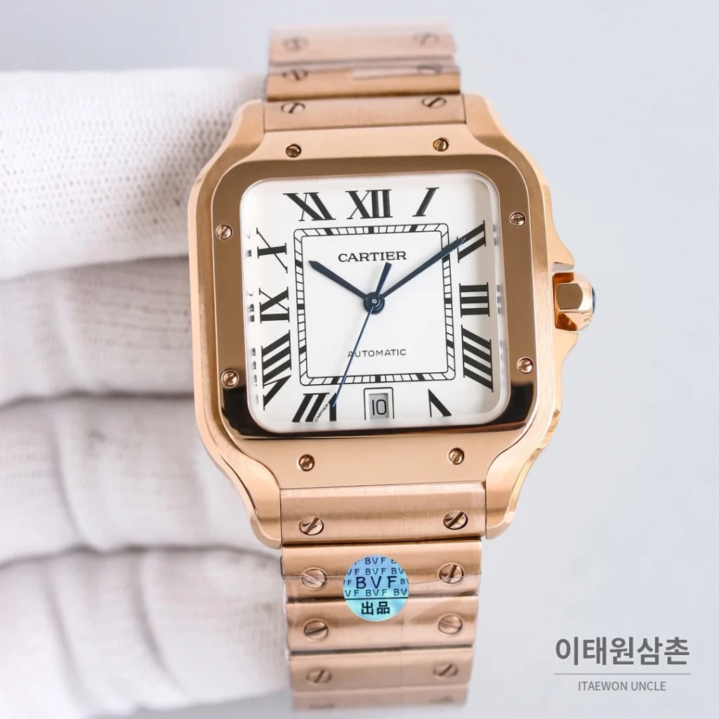 까르띠에 산토스 스틸 블루핸즈 오토매틱 39.8mm 화이트 다이얼 골드 브레이슬릿