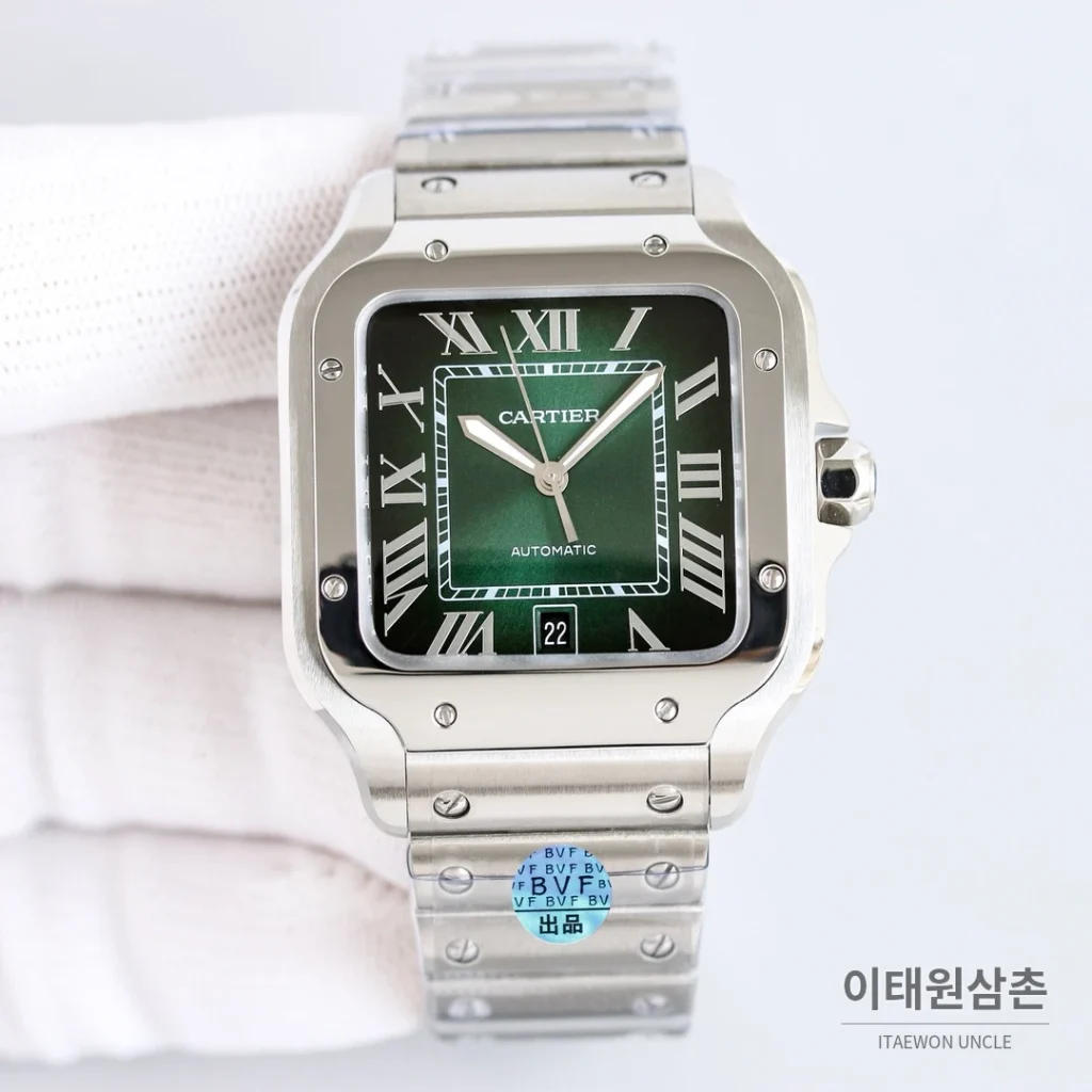 까르띠에 산토스 스틸 블루핸즈 오토매틱 39.8mm 블랙 다이얼 스틸 브레이슬릿