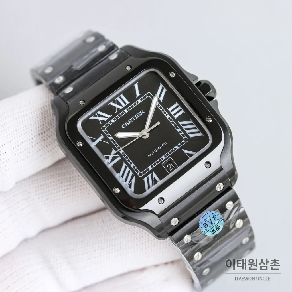 까르띠에 산토스 스틸 블루핸즈 오토매틱 39.8mm 화이트 다이얼 투톤 브레이슬릿