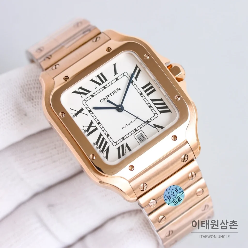 까르띠에 산토스 스틸 블루핸즈 오토매틱 39.8mm 화이트 다이얼 골드 브레이슬릿