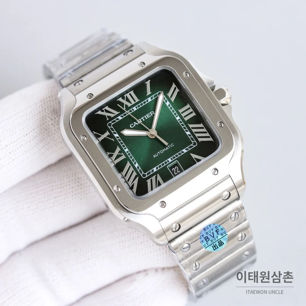 까르띠에 산토스 스틸 블루핸즈 오토매틱 39.8mm 블랙 다이얼 스틸 브레이슬릿