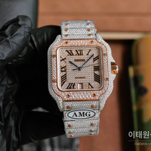 까르띠에 산토스 스틸 풀다이아 블루핸즈 오토매틱 40mm 샴페인 다이얼 스틸 브레이슬릿 로즈골드 베젤 까르띠에 산토스 스틸 풀다이아 블루핸즈 오토매틱 40mm 샴페인 다이얼 스틸 브레이슬릿 로즈골드 베젤