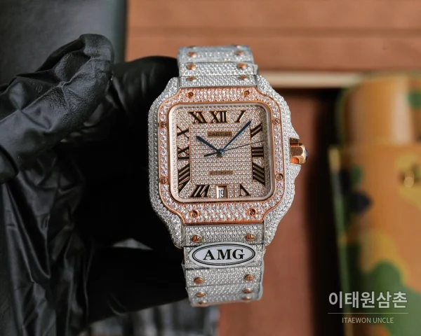 까르띠에 산토스 스틸 풀다이아 블루핸즈 오토매틱 40mm 샴페인 다이얼 스틸 브레이슬릿 로즈골드 베젤 까르띠에 산토스 스틸 풀다이아 블루핸즈 오토매틱 40mm 샴페인 다이얼 스틸 브레이슬릿 로즈골드 베젤