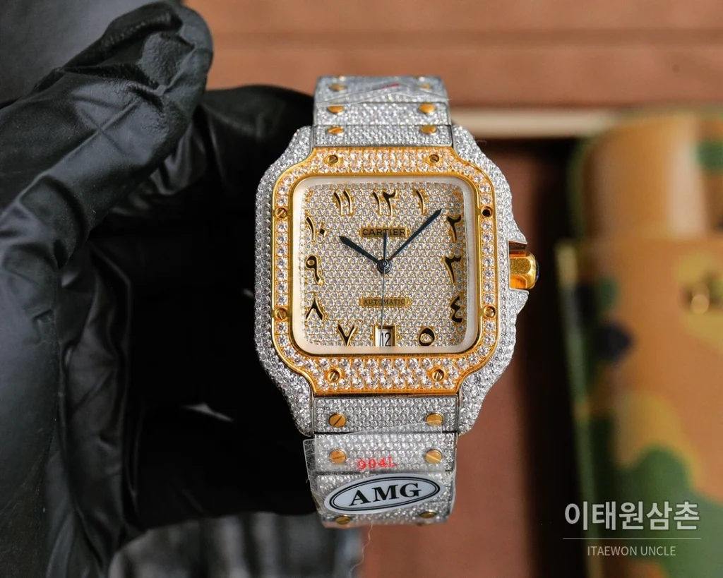 까르띠에 산토스 스틸 풀다이아 블루핸즈 오토매틱 40mm 화이트 다이얼 스틸 브레이슬릿 골드 베젤