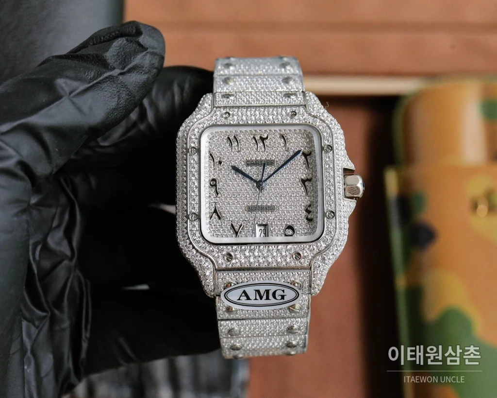 까르띠에 산토스 스틸 풀다이아 블루핸즈 오토매틱 40mm 화이트 다이얼 스틸 브레이슬릿 실버 베젤