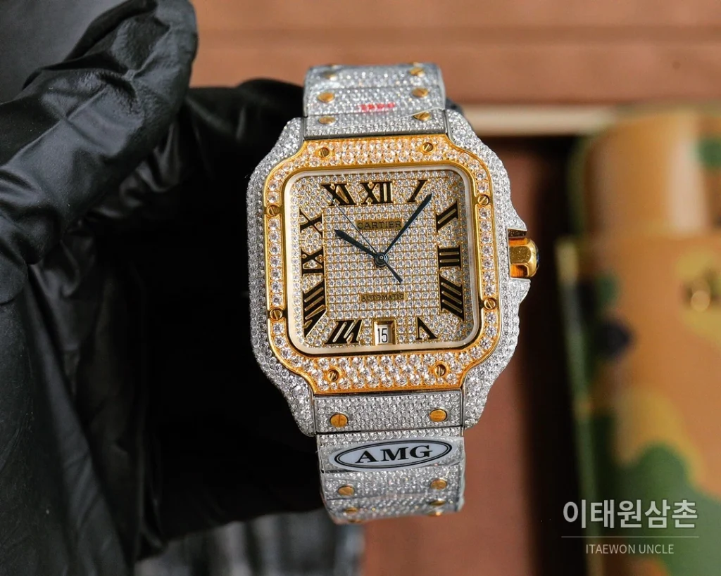 까르띠에 산토스 스틸 풀다이아 블루핸즈 오토매틱 40mm 샴페인 다이얼 스틸 브레이슬릿 골드 베젤