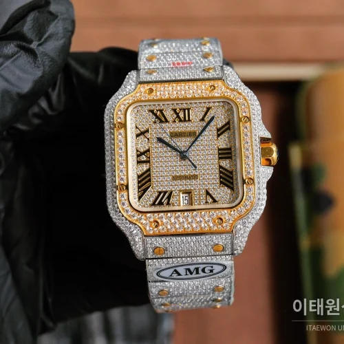 까르띠에 산토스 스틸 풀다이아 블루핸즈 오토매틱 40mm 샴페인 다이얼 스틸 브레이슬릿 골드 베젤 까르띠에 산토스 스틸 풀다이아 블루핸즈 오토매틱 40mm 샴페인 다이얼 스틸 브레이슬릿 골드 베젤