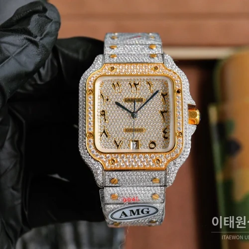 까르띠에 산토스 스틸 풀다이아 블루핸즈 오토매틱 40mm 화이트 다이얼 스틸 브레이슬릿 골드 베젤 까르띠에 산토스 스틸 풀다이아 블루핸즈 오토매틱 40mm 화이트 다이얼 스틸 브레이슬릿 골드 베젤