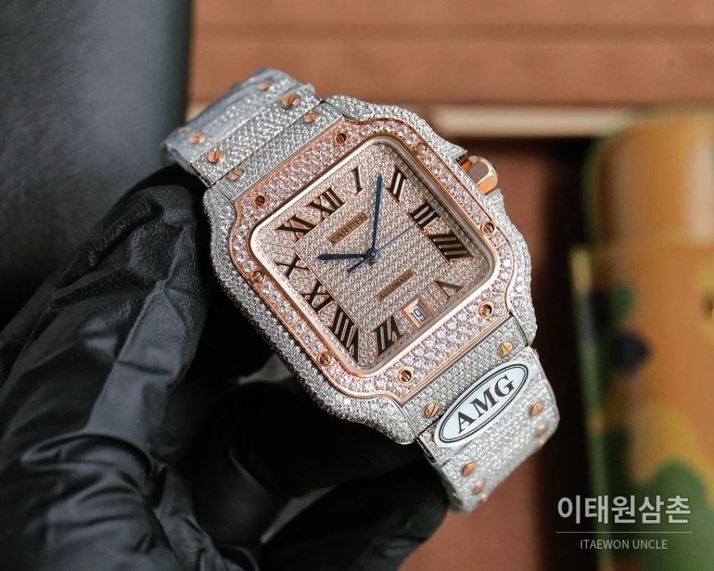 까르띠에 산토스 스틸 풀다이아 블루핸즈 오토매틱 40mm 샴페인 다이얼 스틸 브레이슬릿 로즈골드 베젤