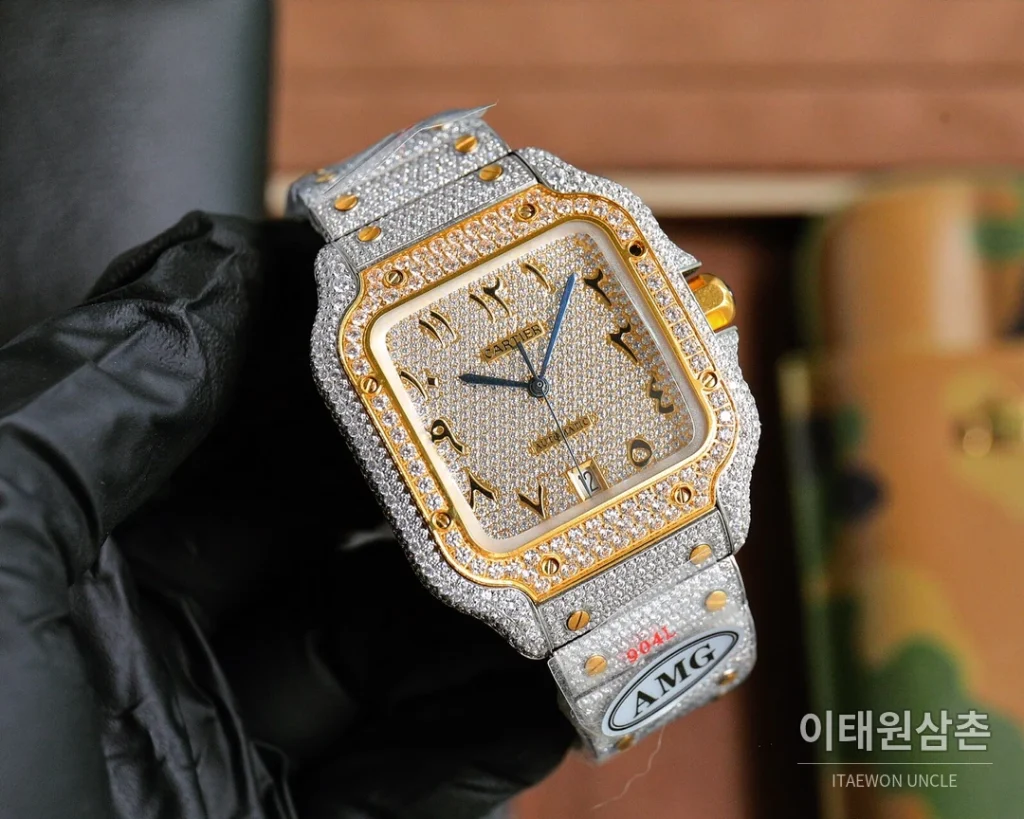 까르띠에 산토스 스틸 풀다이아 블루핸즈 오토매틱 40mm 화이트 다이얼 스틸 브레이슬릿 골드 베젤