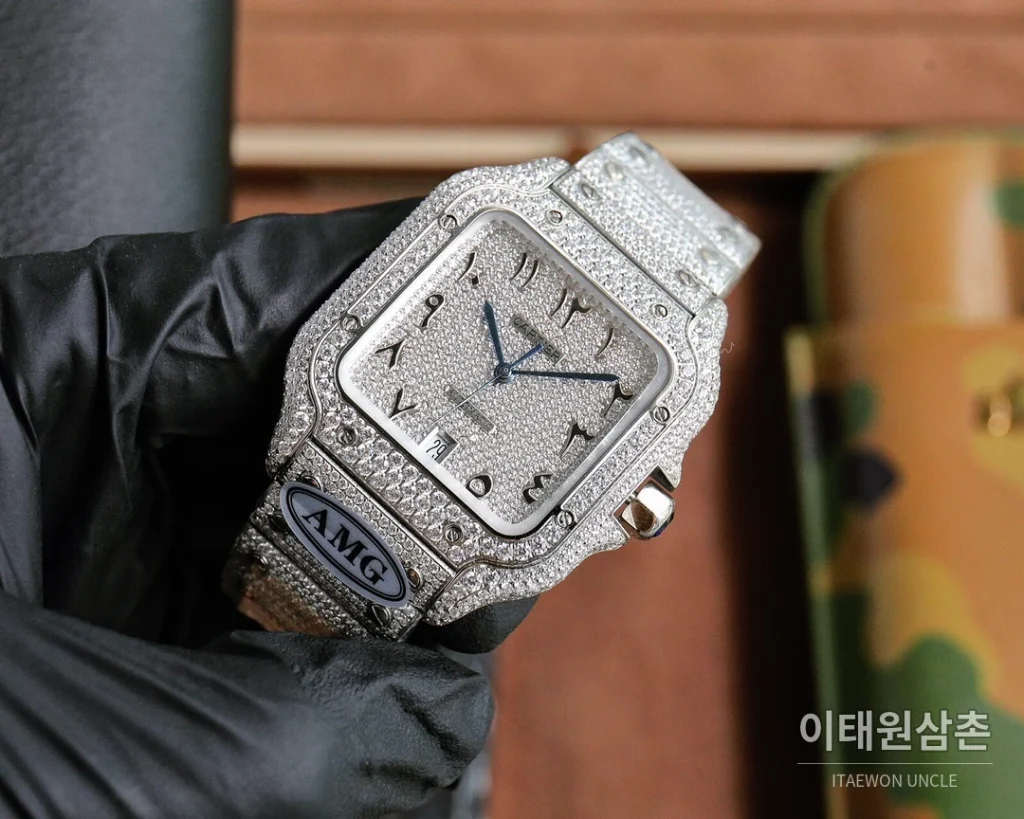 까르띠에 산토스 스틸 풀다이아 블루핸즈 오토매틱 40mm 화이트 다이얼 스틸 브레이슬릿 실버 베젤