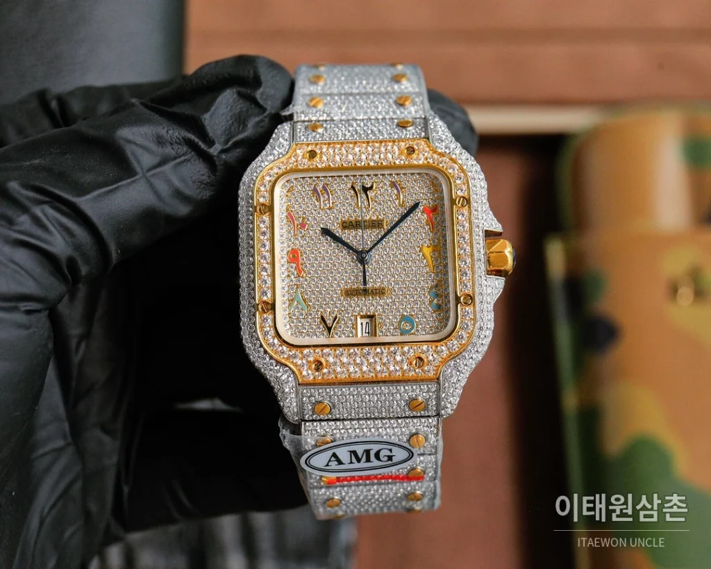까르띠에 산토스 스틸 풀다이아 블루핸즈 오토매틱 40mm 샴페인 다이얼 스틸 브레이슬릿 골드 베젤