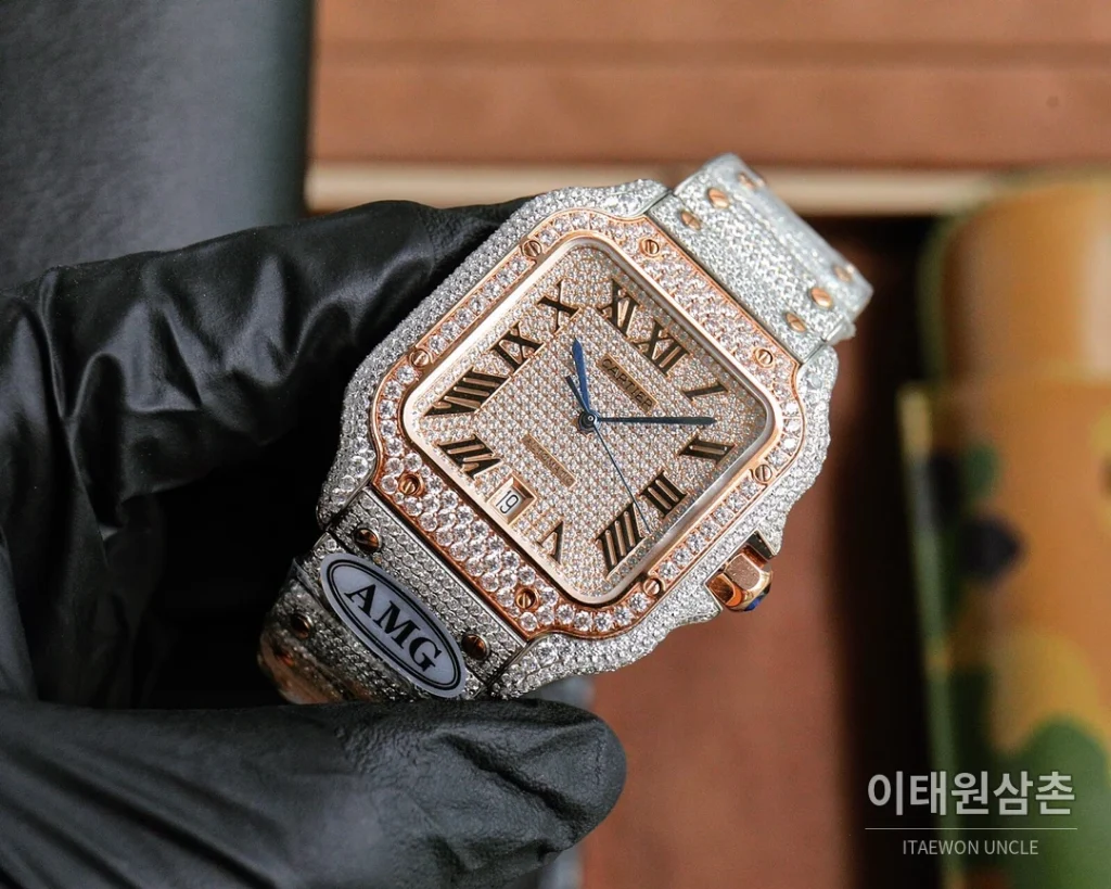 까르띠에 산토스 스틸 풀다이아 블루핸즈 오토매틱 40mm 샴페인 다이얼 스틸 브레이슬릿 로즈골드 베젤