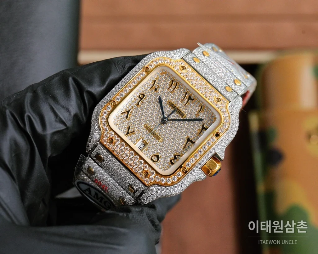 까르띠에 산토스 스틸 풀다이아 블루핸즈 오토매틱 40mm 화이트 다이얼 스틸 브레이슬릿 골드 베젤