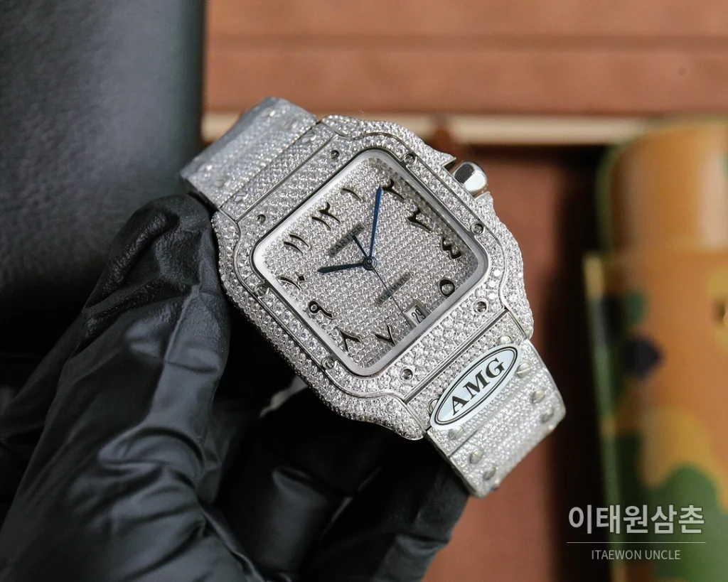 까르띠에 산토스 스틸 풀다이아 블루핸즈 오토매틱 40mm 화이트 다이얼 스틸 브레이슬릿 실버 베젤