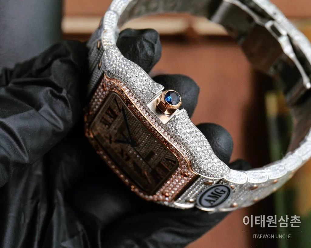 까르띠에 산토스 스틸 풀다이아 블루핸즈 오토매틱 40mm 샴페인 다이얼 스틸 브레이슬릿 로즈골드 베젤