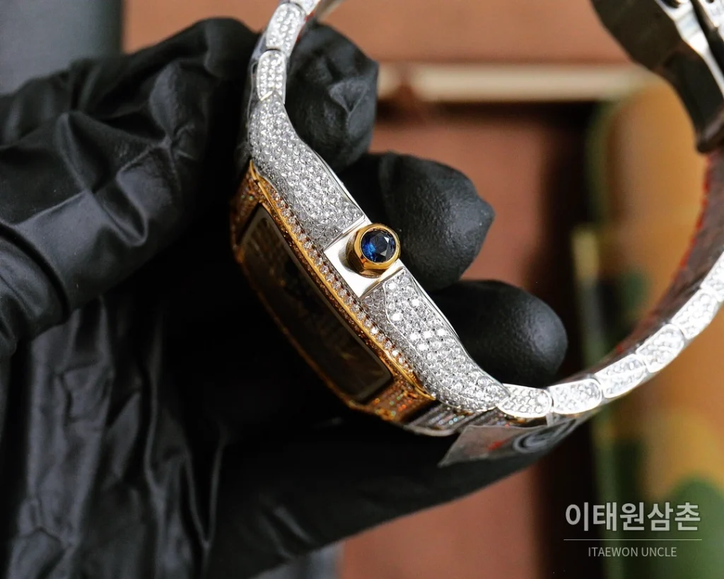 까르띠에 산토스 스틸 풀다이아 블루핸즈 오토매틱 40mm 화이트 다이얼 스틸 브레이슬릿 골드 베젤
