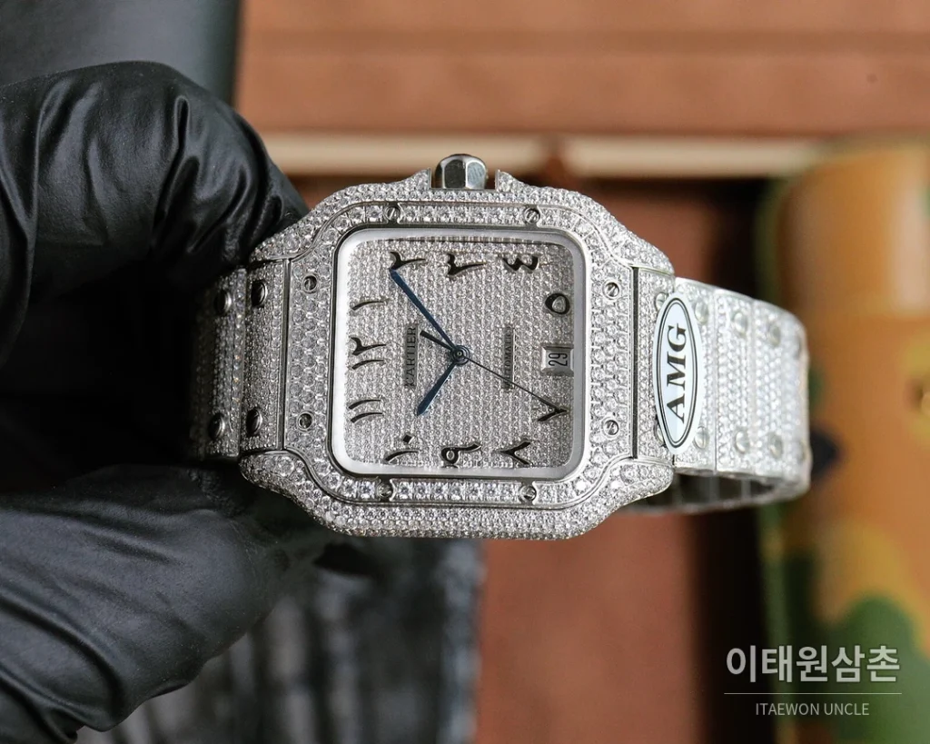까르띠에 산토스 스틸 풀다이아 블루핸즈 오토매틱 40mm 화이트 다이얼 스틸 브레이슬릿 실버 베젤