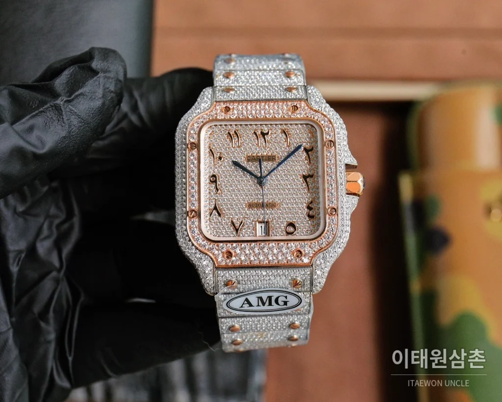 까르띠에 산토스 스틸 풀다이아 블루핸즈 오토매틱 40mm 샴페인 다이얼 스틸 브레이슬릿 골드 베젤