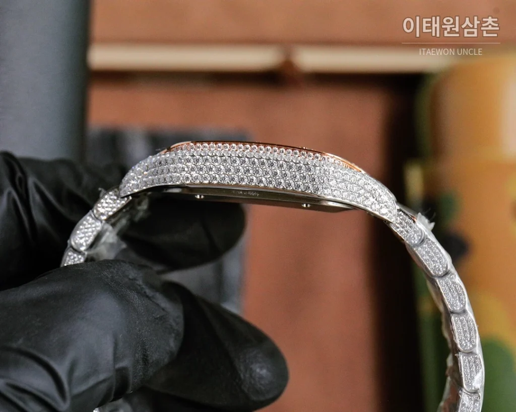 까르띠에 산토스 스틸 풀다이아 블루핸즈 오토매틱 40mm 샴페인 다이얼 스틸 브레이슬릿 로즈골드 베젤