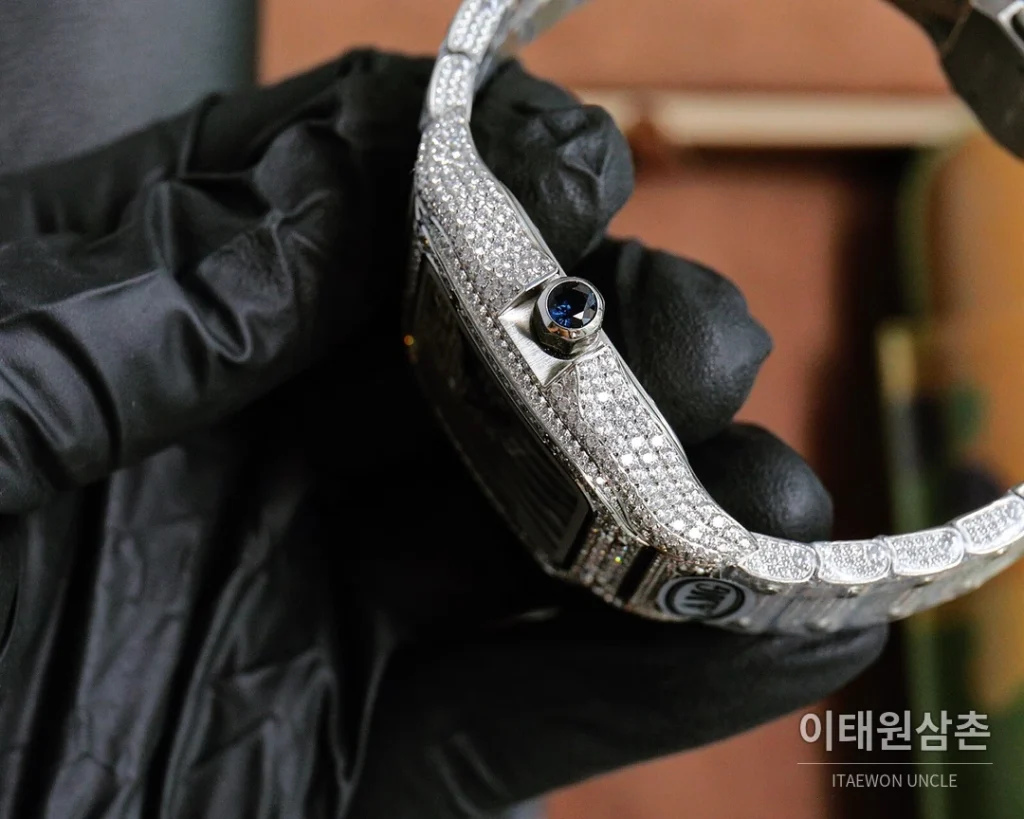 까르띠에 산토스 스틸 풀다이아 블루핸즈 오토매틱 40mm 화이트 다이얼 스틸 브레이슬릿 실버 베젤