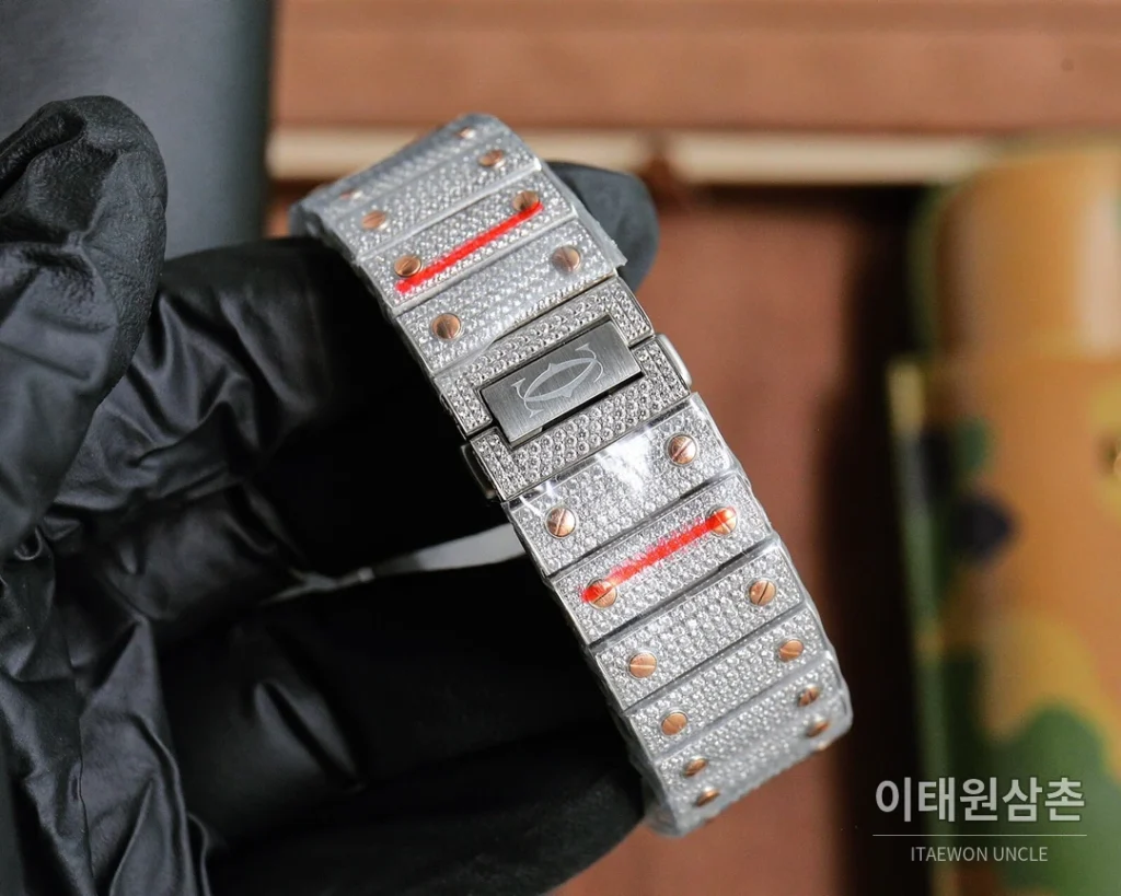 까르띠에 산토스 스틸 풀다이아 블루핸즈 오토매틱 40mm 샴페인 다이얼 스틸 브레이슬릿 로즈골드 베젤