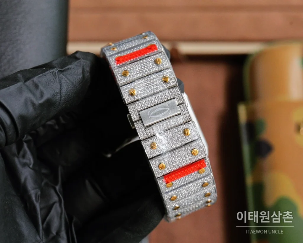 까르띠에 산토스 스틸 풀다이아 블루핸즈 오토매틱 40mm 화이트 다이얼 스틸 브레이슬릿 골드 베젤